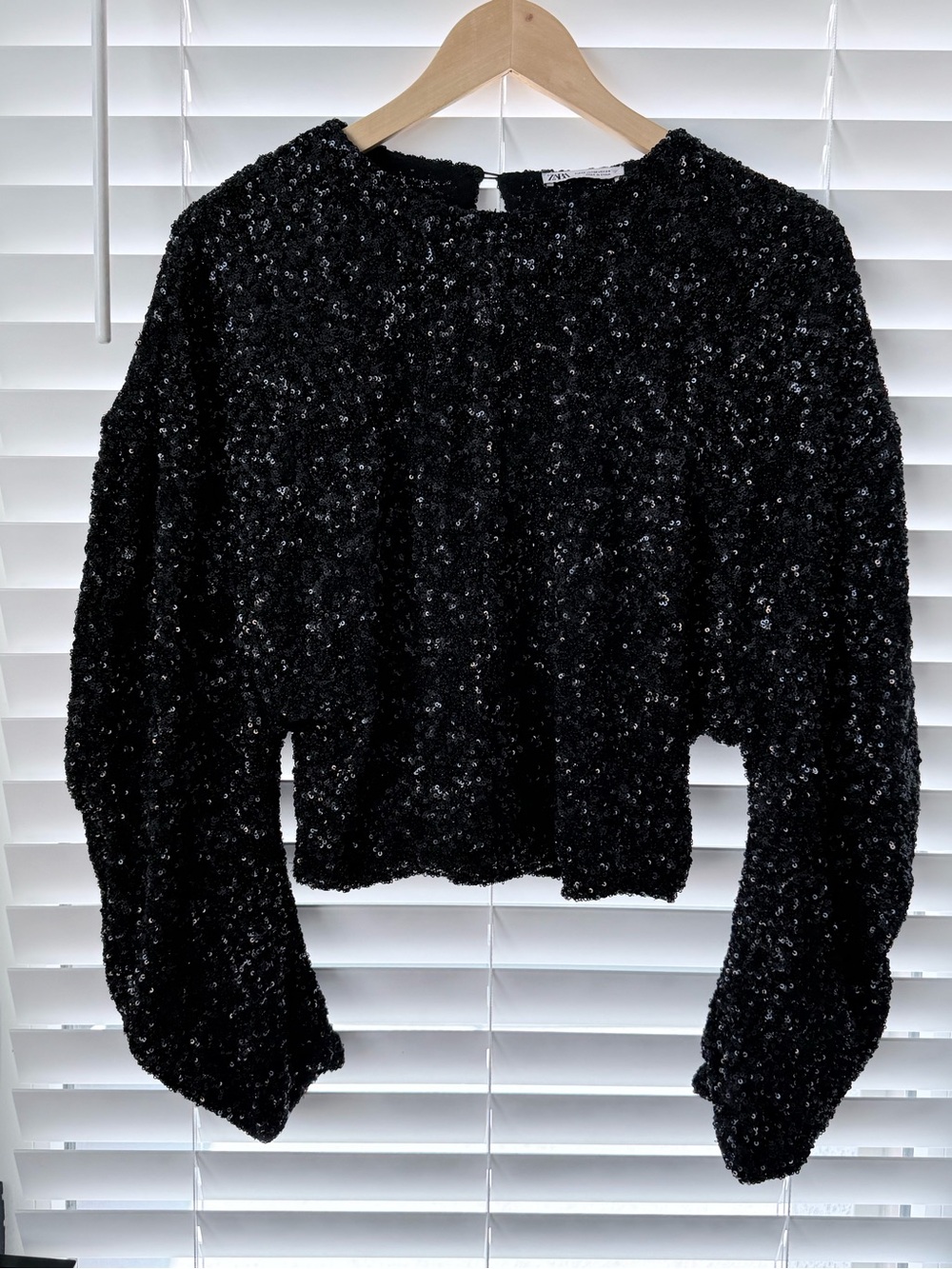Zara Black Sequin Cropped Top Dolman Sleeve Party Evening Size M